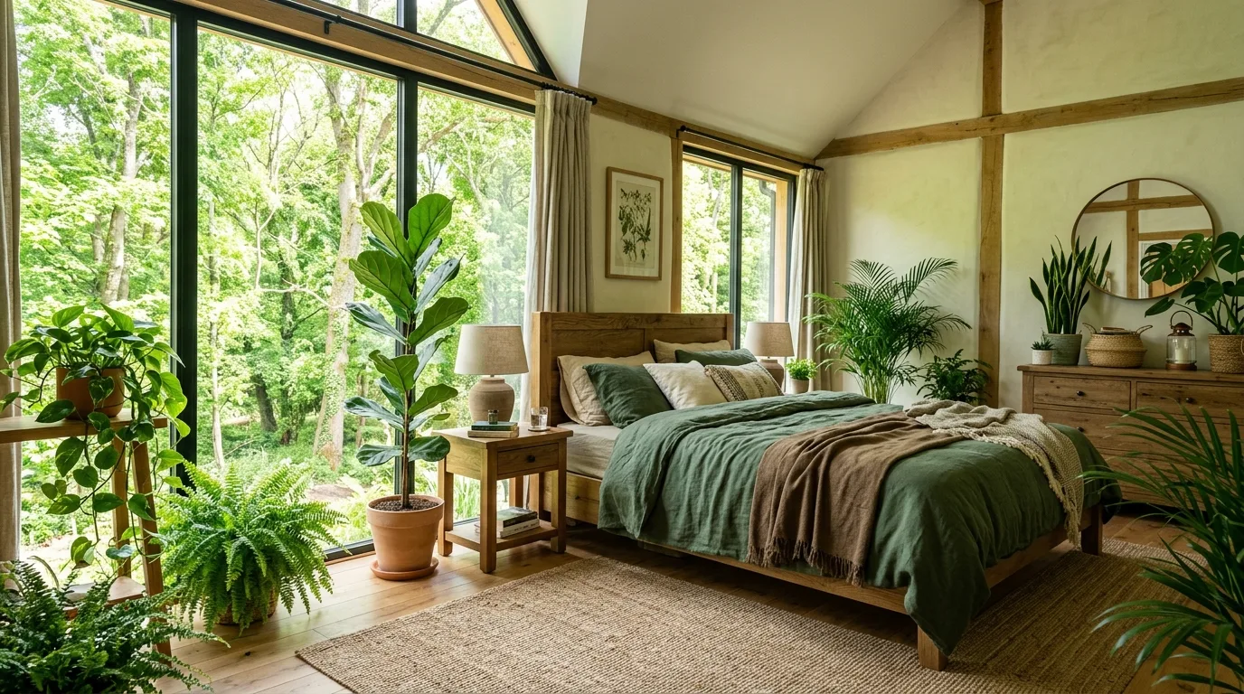 Open the room to greenery whenever possible inspiration for an earthy bedroom.